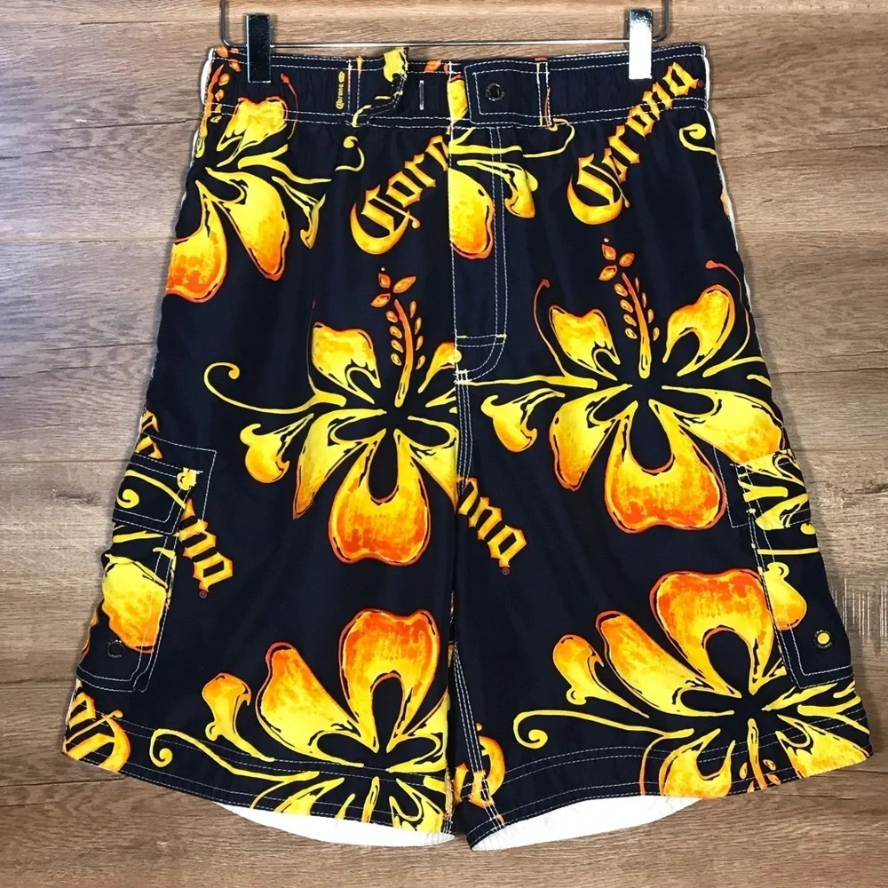 Corona Extra Mens Hawaiian Swim Board Shorts Unlined Size Medium Blue Yellow‎